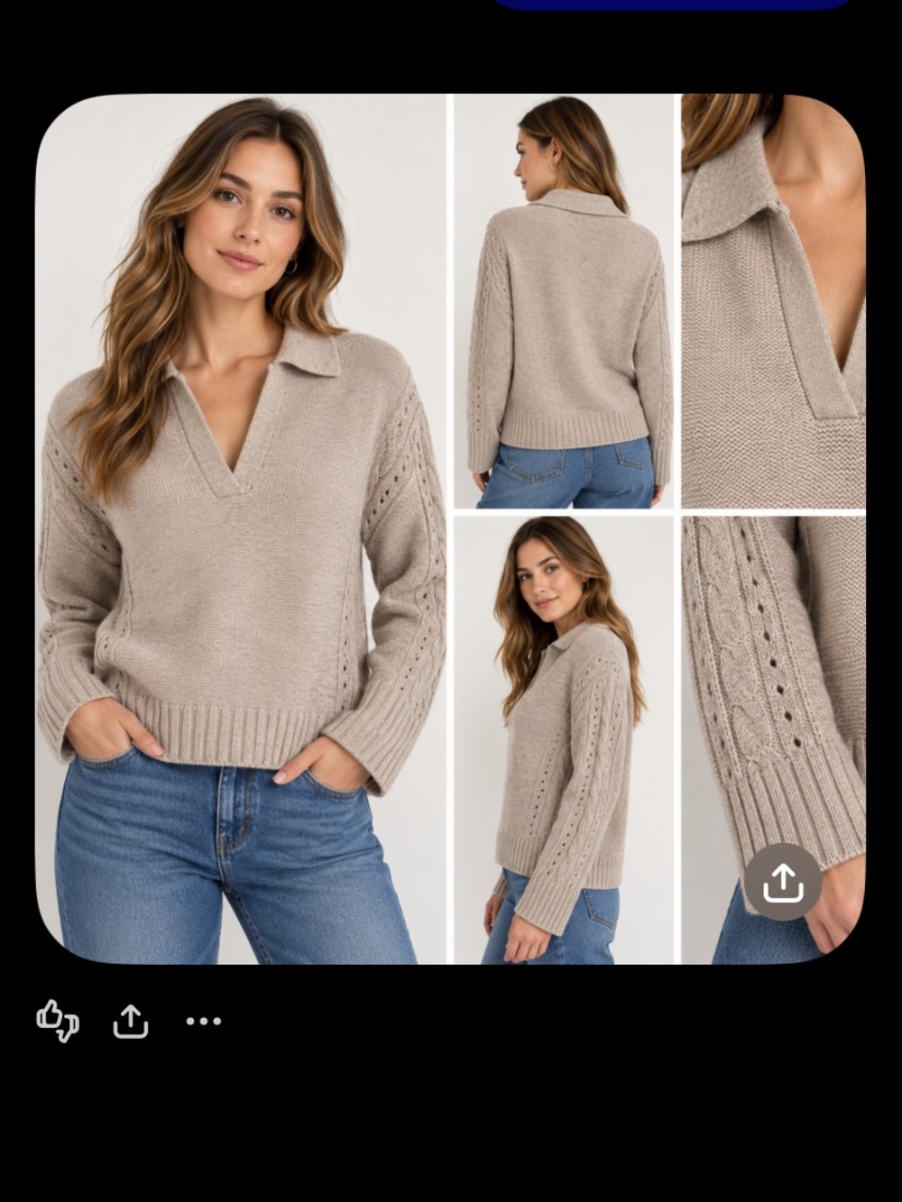 360 Sweater Taupe Collared V-Neck Pointelle Sleeve Sweater
